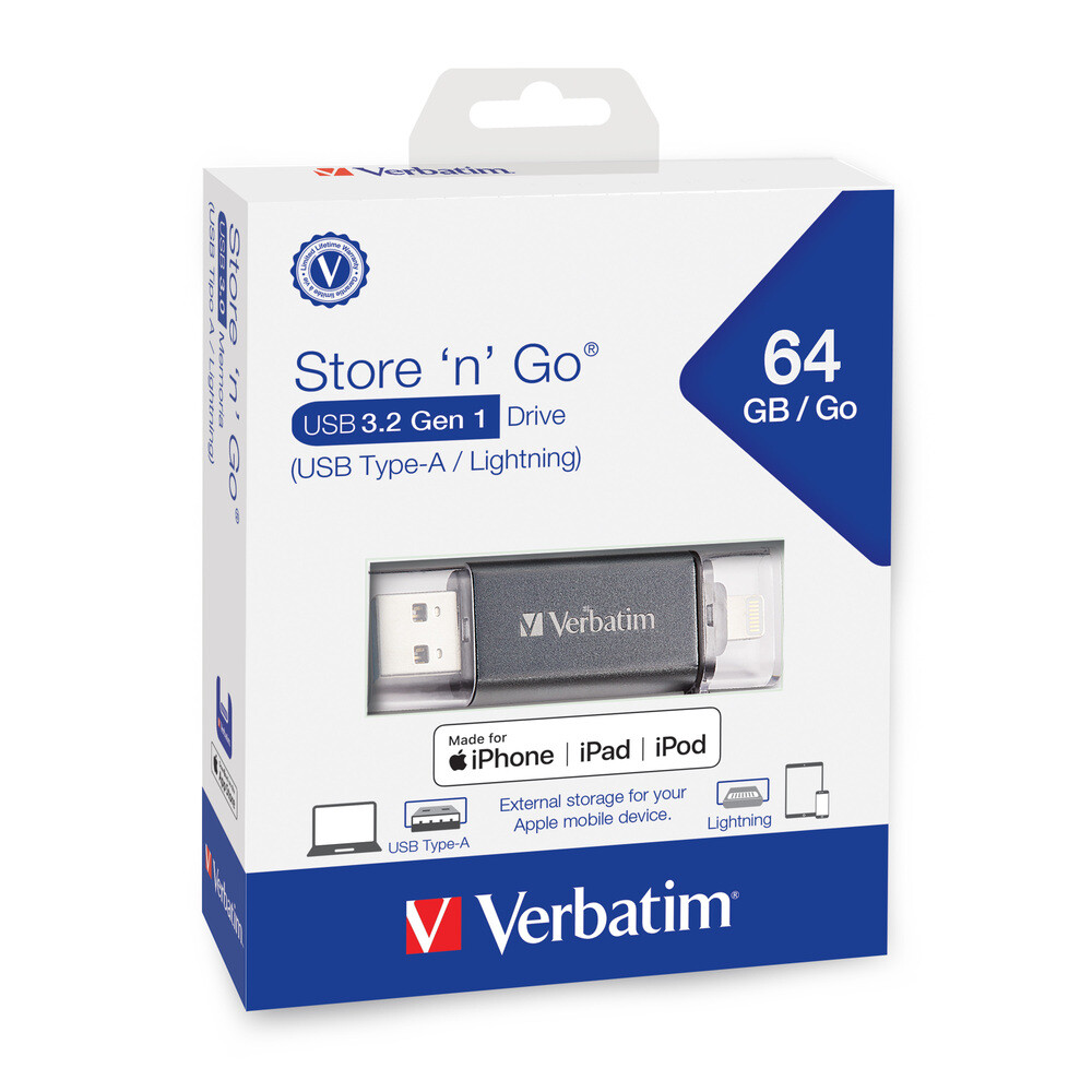 64GB Store 'n' Go Dual USB 3.2 Gen 1 Flash Drive for Apple Lightning  Devices - Graphite: Everyday USB Drives - USB Drives
